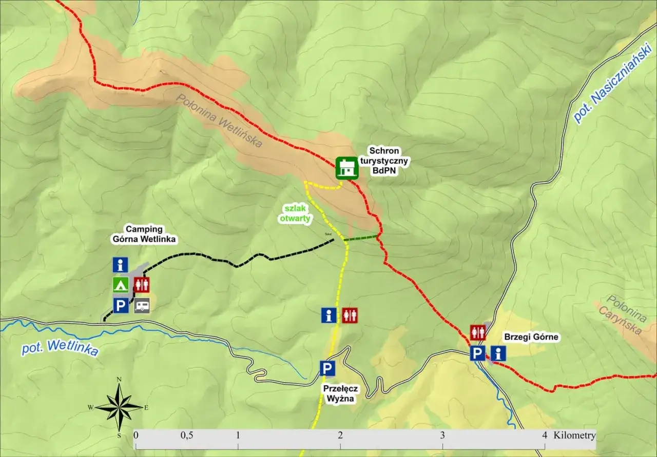 Mapa turystyczna z zaznaczoną trasą do Chatki Puchatka. Widoczne szlaki, schronisko, camping i punkty widokowe.