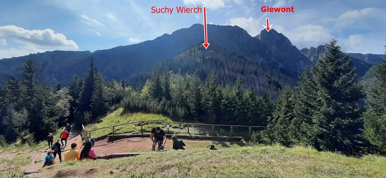 Ludzie odpoczywają na szlaku na Sarnią Skałę, podziwiając Suchy Wierch i Giewont.