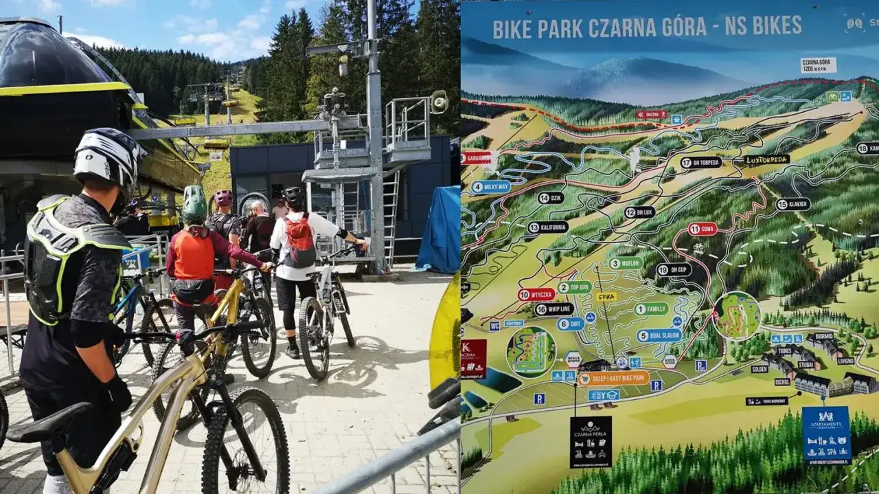 Rowerzyści w kaskach i ochraniaczach czekają na wyciąg. Obok mapa Bike Parku Czarna Góra z trasami, pokazująca czarnogórskie atrakcje.